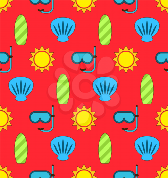Illustration Colorful Seamless Wallpaper or Background with Icons Of Sun, Surf Board, Sea Shell, Diving Mask. Summer Pattern - Vector