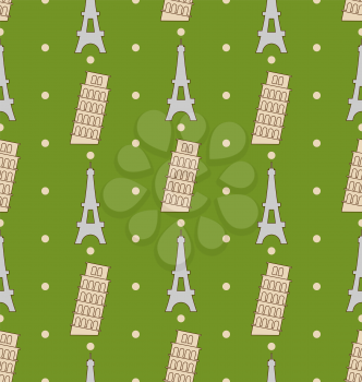 Illustration Seamless Pattern of the Architectural Symbols, Famous Landmarks Leaning and Eiffel Towers. Vintage Texture - Vector