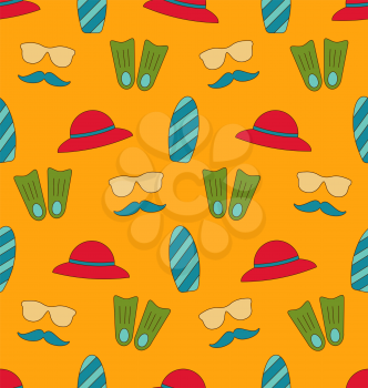 Illustration Colorful Old Seamless Texture with Summer Beach Objects - Vector