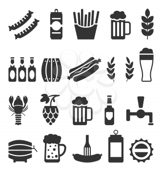 Illustration Black Icons of Beer and Snacks Isolated on White Background - Vector