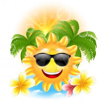 Illustration Summer Funny Background with Happy Smiling Sun, Palms, Flowers Frangipani - Vector