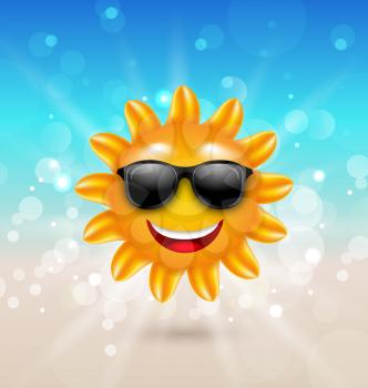 Illustration Abstract Hello Summer Background with Cheerful Summer Sun in Sunglasses - Vector 