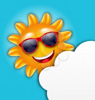 Illustration Cool Summer Sun in Sunglasses with Cloud, Copy Space for Your Text - Vector 