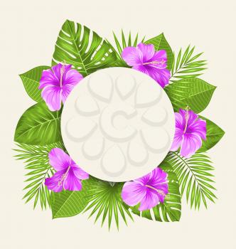 Illustration Retro Card with Purple Hibiscus Flowers and Green Tropical Leaves. Clean Invitation - Vector
