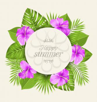 Illustration Vintage Card with Purple Hibiscus Flowers and Green Tropical Leaves. Happy Summer - Vector