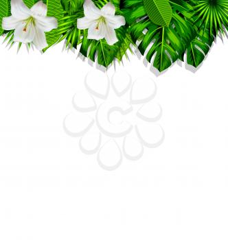 Frame border background branch with tropical leaves and white flowers lily, space for text, design template - vector