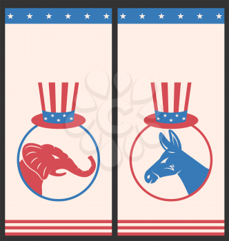 Illustration Banners for Advertise of United States Political Parties. Flyers with Donkey and Elephant. Vintage Style Design - Vector