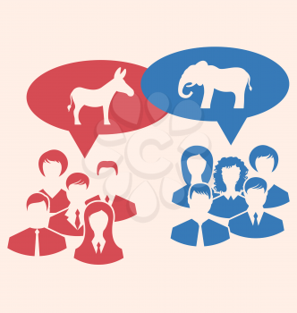 Illustration Concept of Debate Republicans and Democrats. Donkey and Elephant as a Symbols Vote of USA. Retro Style Design - Vector