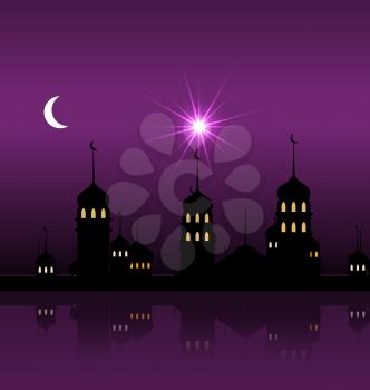 Illustration Silhouette of Mosque Against Night Sky with Crescent Moon. Dark Background for Ramadan Kareem. Muslim Holy Month - Vector