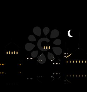 Illustration Silhouette of Mosque Against Night Sky with Crescent Moon. Dark Background for Ramadan Kareem. Muslim Holy Month - Vector