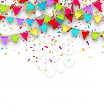 Illustration Colorful Background with Hanging Bunting and Confetti for Your Party - Vector