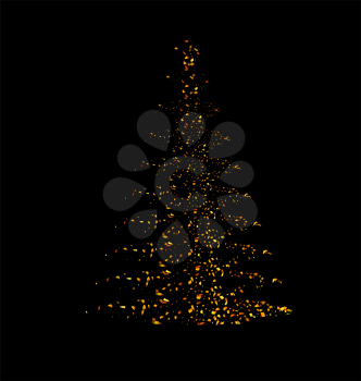 Illustration Abstract Pine Tree Made of Golden Confetti Isolated on Black Background - Vector