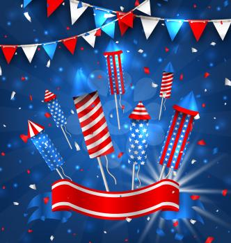 Illustration American Greeting Background for Independence Day 4th July. Poster with Firecrackers and Bunting. Traditional Colors - Vector