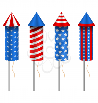 Illustration Set of Pyrotechnic Rockets, with Traditional American Design for Fourth of July and Other Holidays of USA, Group Objects Isolated on White Background - Vector
