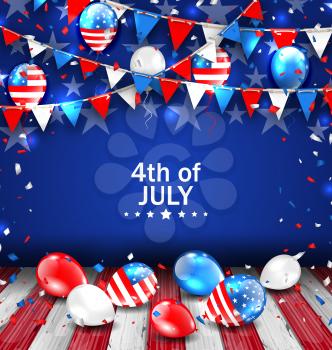 Illustration Colorful Template for American Independence Day, Bunting, Balloons and Confetti. Traditional Colors of USA - Vector