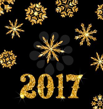 Illustration Golden Celebration Card for Happy New Year 2017 with Sparkle Snowflakes, Glittering Luxury Background - Vector