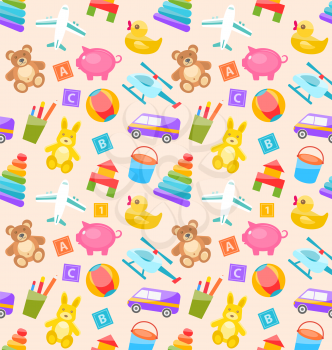 Illustration Seamless Pattern with Colorful Children Toys. Funny Texture with Cartoon Baby Joys - Vector