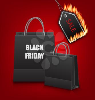 Illustration Shopping Paper Bags for Black Friday Sales and Discount with Fire on Red Background - Vector
