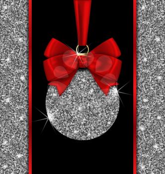 Illustration Glitter Card with Christmas Ball and Red Bow Ribbon with Silver Surface and Twinkle, Dark Glowing Background - Vector