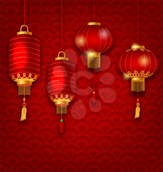 Illustration Chinese Background with Lanterns, Seigaiha Texture - Vector