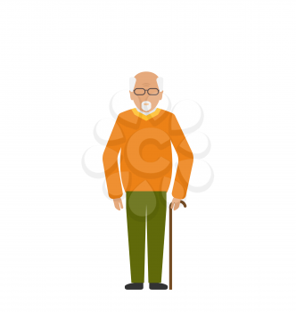 Illustration Old Disabled Man with Stick Crutch. Handicapped Male Isolated on White Background. Adult Human. Closeup of Aged Senior - Vector