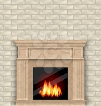 Illustration Realistic Marble Fireplace with Fire in Interior, Brick Wall - Vector