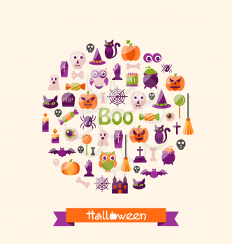 Illustration Halloween Colorful Flat Icons. Party Background - Vector