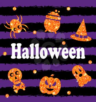 Illustration Halloween Party Banner with Shine Orange Traditional Icons. Holiday Template - Vector