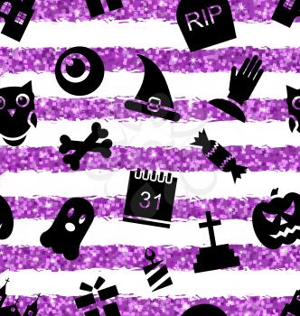 Illustration Seamless Texture with Traditional Icons. Glitter Violet Wallpaper for Halloween Party - Vector