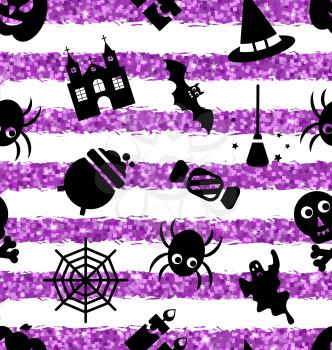 Illustration Seamless Pattern with Traditional Objects. Glitter Violet Wallpaper for Halloween Party - Vector
