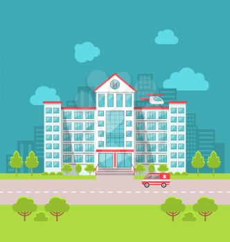 Illustration City Hospital Building with Ambulance in Flat Style. Cityscape - Vector