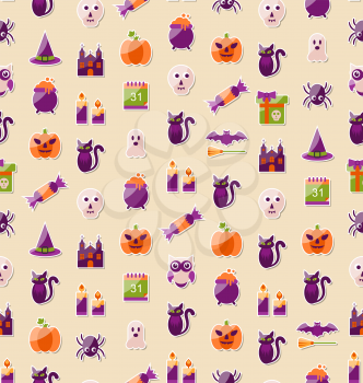 Illustration Halloween Seamless Texture with Colorful Flat Icons. Abstract Template for Wrapping - Vector