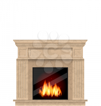 Illustration Realistic Marble Fireplace with Fire Isolated on White Background - Vector