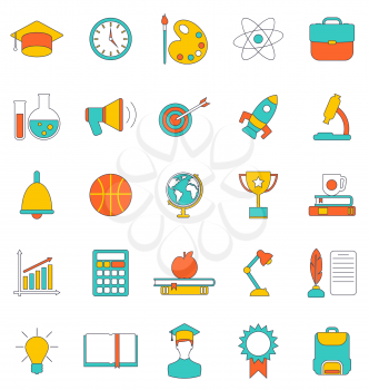 Illustration Set Flat Line Colorful Icons of School Equipment and Tools. Modern Trend Design. Group Objects Isolated on White Background - Vector