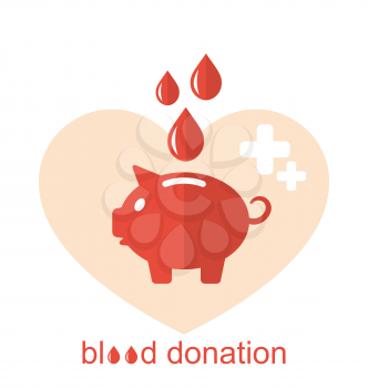Illustration Concept Flat Medical Icons of Piggy Bank as Blood Donation - Vector
