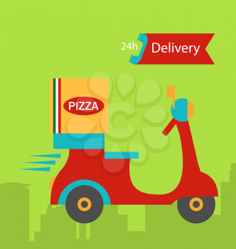 Illustration Colorful Banner Pizza Delivery with Pizza Box and Scooter - Vector