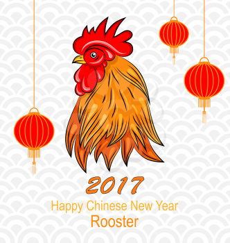 Illustration Head of Rooster with Chinese Lanterns for Happy New Year. Holiday Postcard - Vector