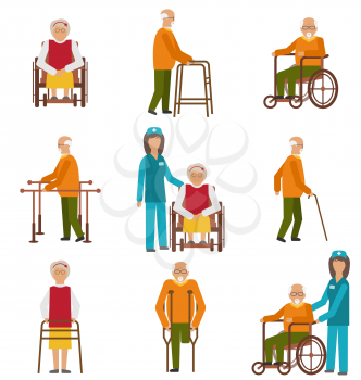 Illustration Various Degrees of Injuries and Disabilities. Older Women and Men with a Stick, Stilts, in a Wheelchair. Colorful Icons Isolated on White Background - Vector