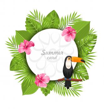 Illustration Summer Card with Pink Roses Mallow, Toucan Bird on Branch and Green Tropical Leaves - Vector