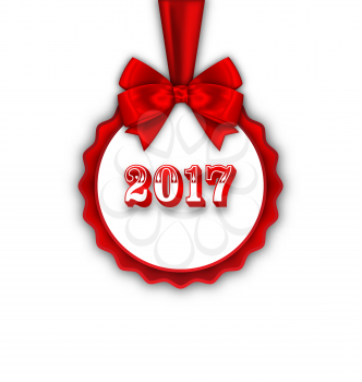Illustration Happy New Year 2017 Card with Red Silk Ribbon and Bow - Vector