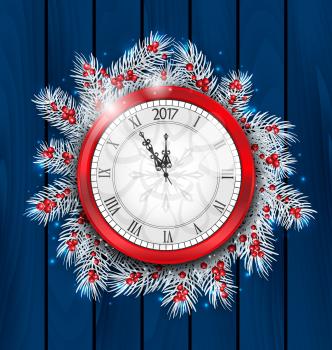 Illustration Christmas Fir Twigs with Clock for 2017 New Year, Decoration on Blue Wooden Background - Vector