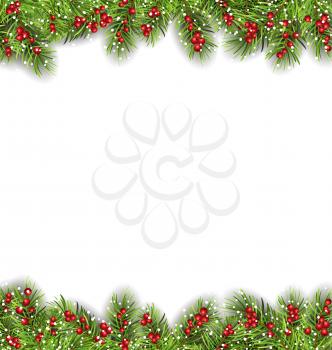 Illustration Holiday Frame with Fir Branches and Holly Berries, Copy Space for Your Text - Vector