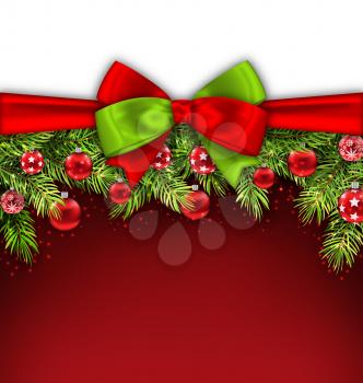 Illustration Christmas Banner with Bow Ribbon, Fir Twigs, Glass Balls, Copy Space for Your Text - Vector
