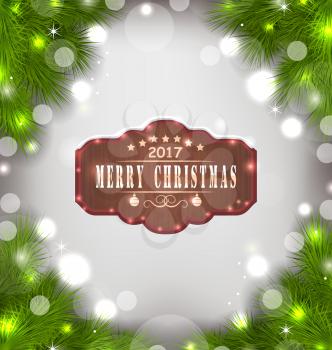 Illustration Holiday Banner with Fir Branches and Wooden Sign with Wishes, Christmas Background - Vector