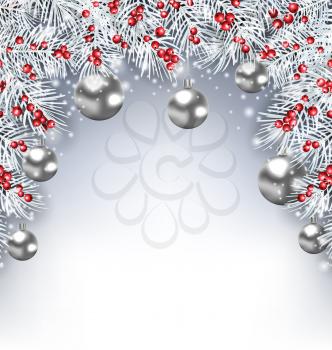 Illustration Holiday Glowing Background with Silver Fir Branches and Christmas Balls - Vector