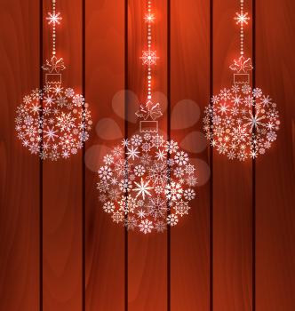 Illustration Christmas Balls Made of Snowflakes, Wooden Background - Vector