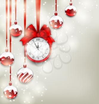 Illustration New Year Magic Background with Clock and Glass Balls, Glowing Holiday Adornment - Vector