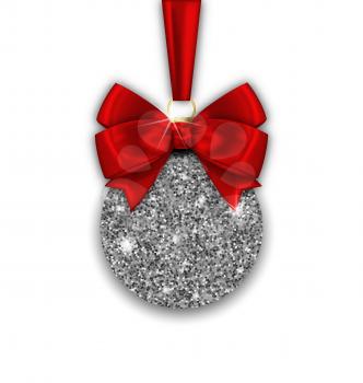 Illustration Glitter Christmas Ball and Red Bow Ribbon with Silver Surface on White Background - Vector