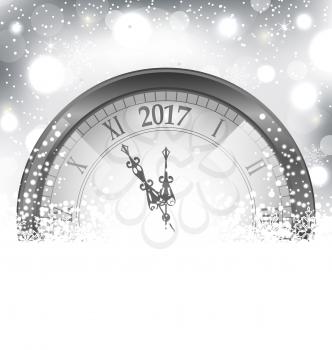 Illustration 2017 New Year Midnight, Snowing Background with Clock - Vector