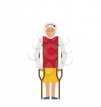 Illustration Older Woman with Crutches. Disability, Elderly, Grandmother. Colorful Icon Isolated on White Background - Vector